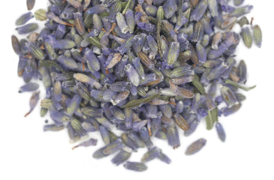 Lavender loose leaf tea from Novel Tea Book Shop, showing fresh lavender herbs and spices in a clear jar.