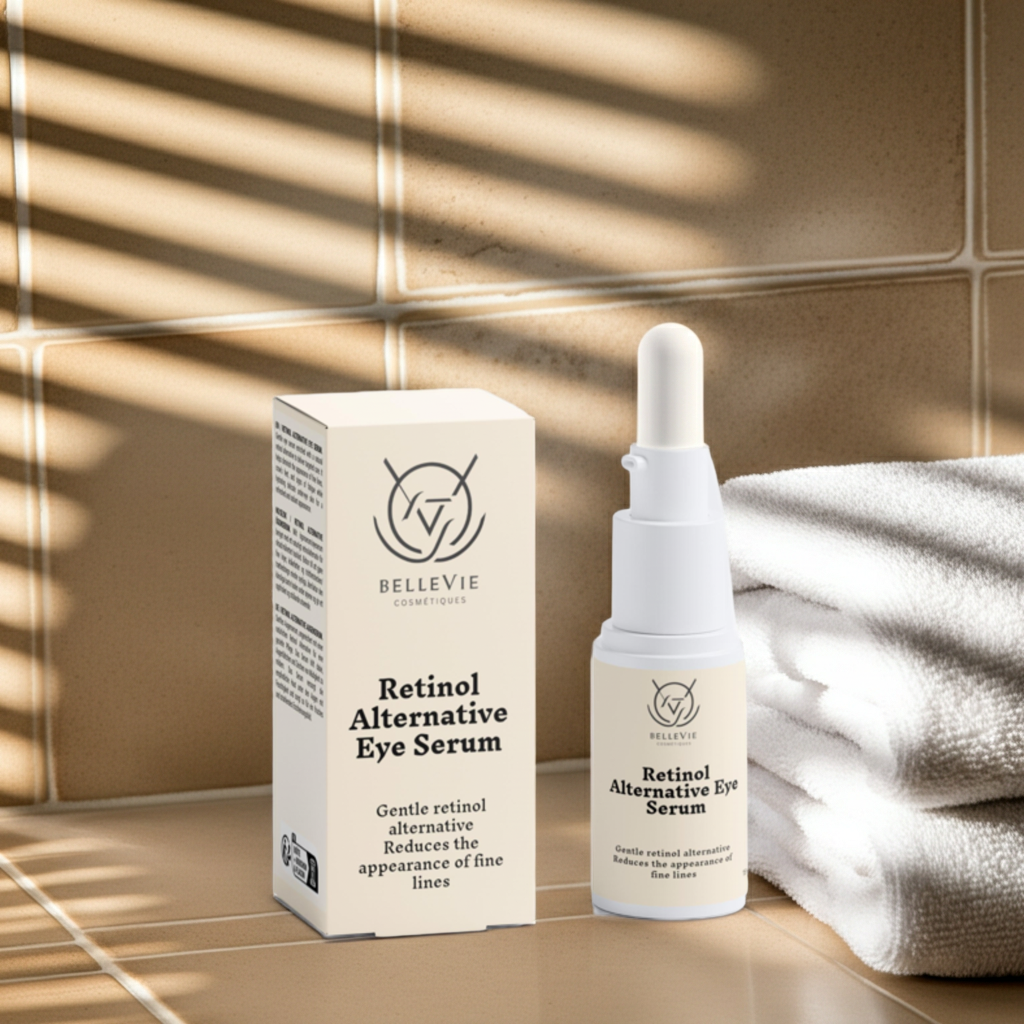 BelleVie Cosmétiques Retinol Alternative Eye Serum 15ml with gentle lift, firming, and radiant skin benefits.
