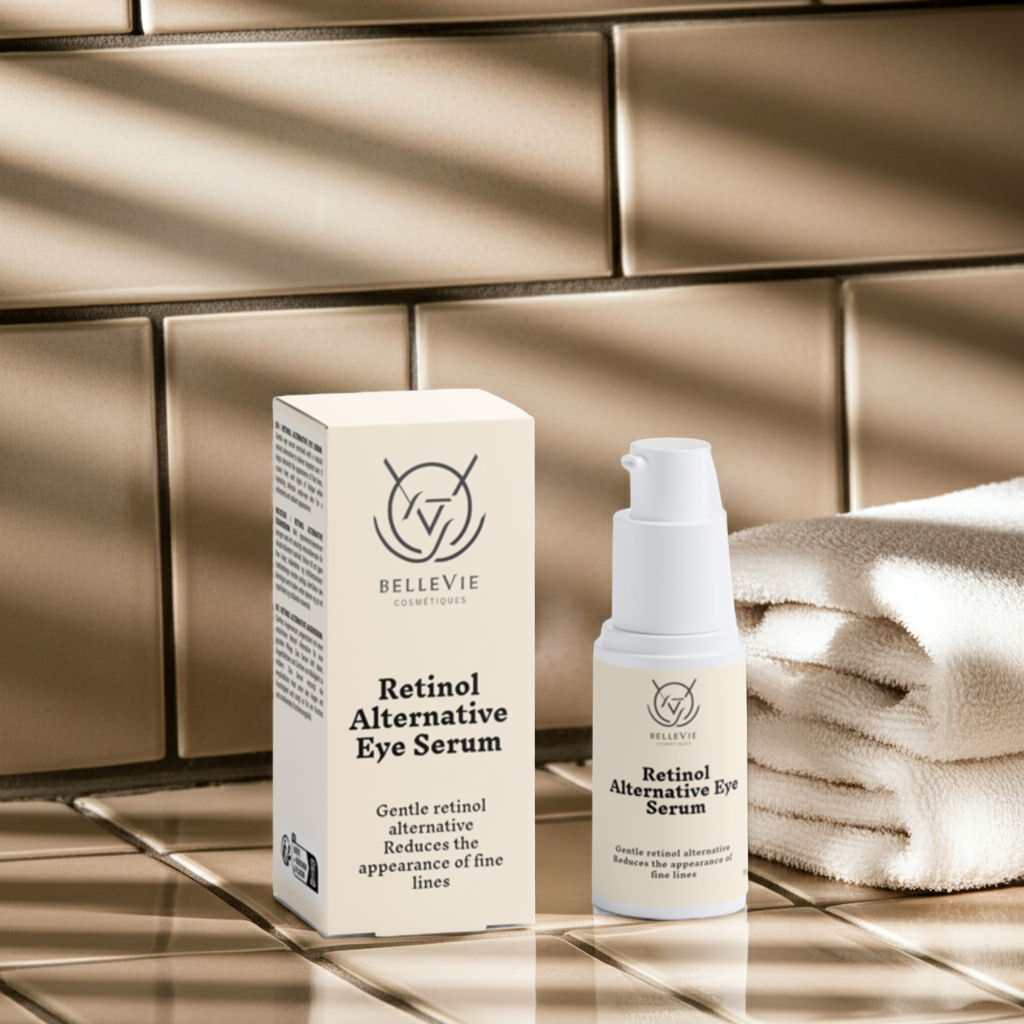 BelleVie Cosmétiques Retinol Alternative Eye Serum in 15ml bottle, featuring a gentle lift, firmness, and radiance for delicate eye skin.