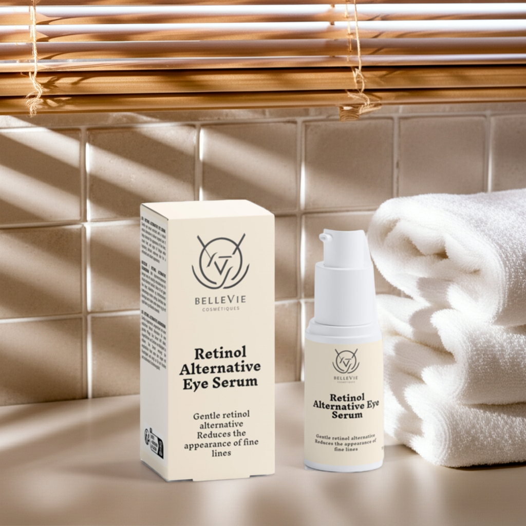 BelleVie Cosmétiques Retinol Alternative Eye Serum in 15ml featuring a gentle lift, firmness, and radiance for delicate eye skin