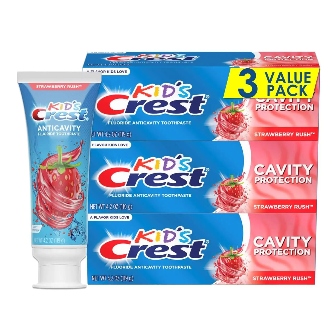 Crest Kids Cavity Protection Fluoride Toothpaste Strawberry Rush 4.2 Ounce (Pack of 3).