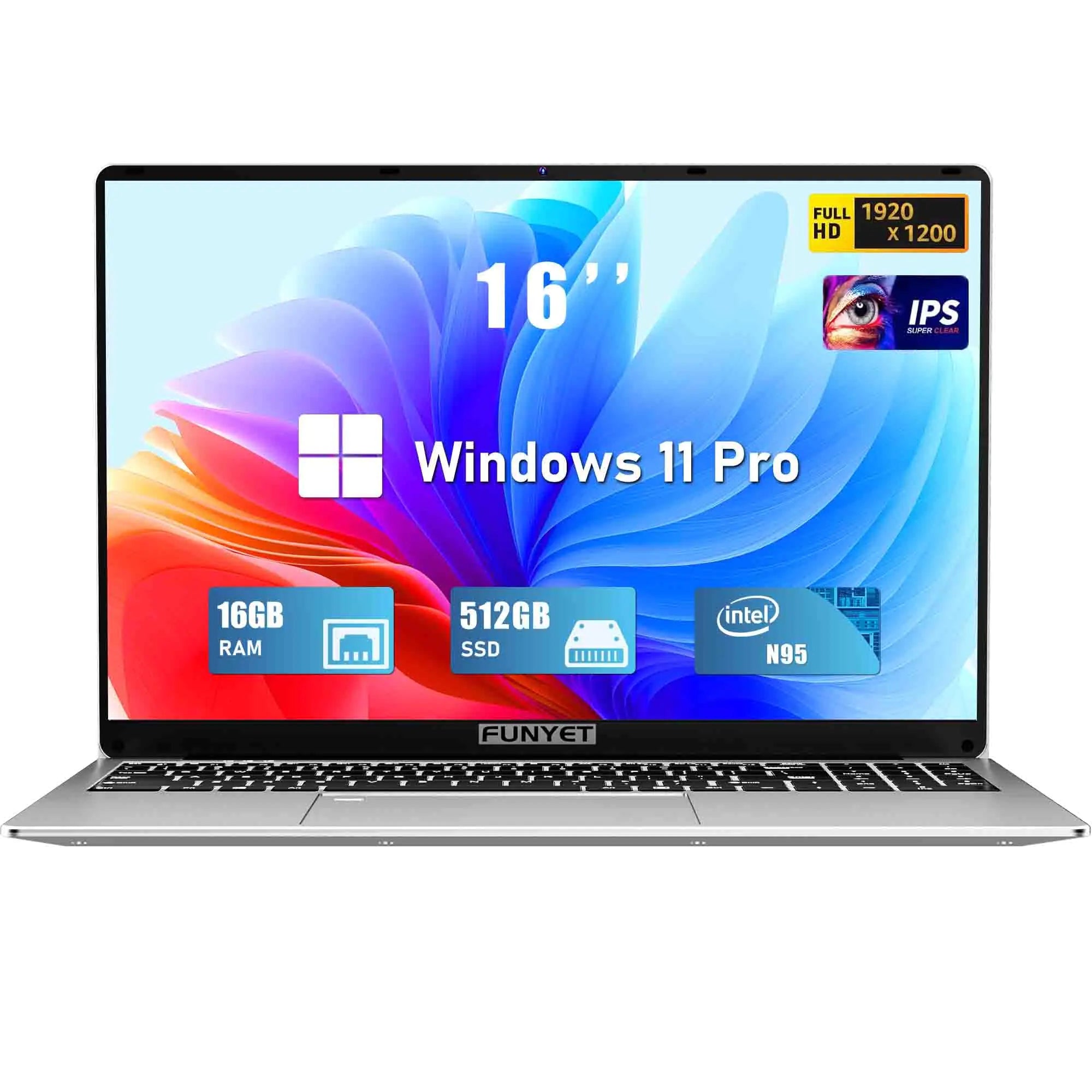 FUNYET 16 Inch Laptop Computer Gaming Laptop 16GB RAM 512GB SSD Intel 12th Gen N95 Processor(up to 3.4GHz) FHD 1920 * 1200 180 Angle Opening Fingerprint Unlock Backlit Keyboard Windows 11 Pro