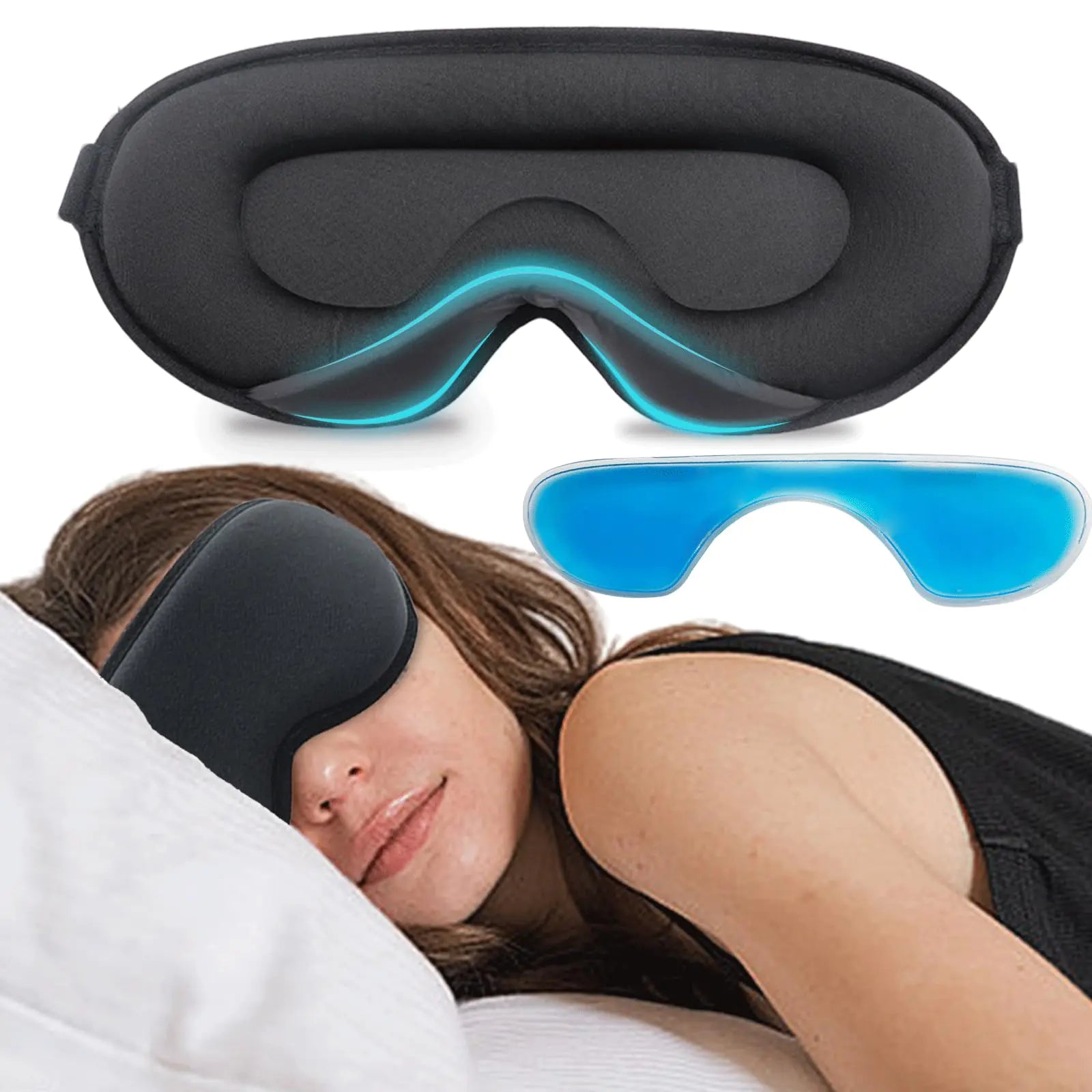 Blackout Eye Mask for Side Sleeper 3D Contoured Cup No Eye Pressure Sleeping Mask 100% Light Blocking with Adjustable Strap for Christmas Gift (Eye mask+ice Pack)