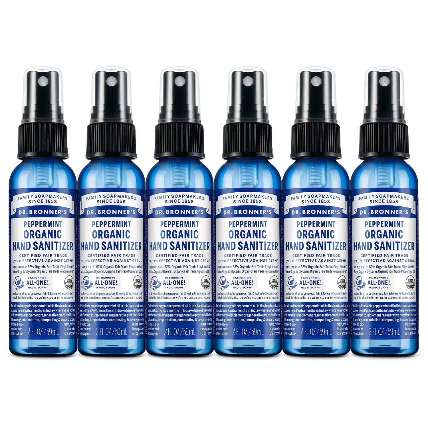 Dr. Bronners - Organic Hand Sanitizer Spray (Peppermint 2 ounce 6-Pack) - Simple and Effective Formula Cleanses & Sanitizes No Harsh Chemicals Moisturizes and Cleans Hands