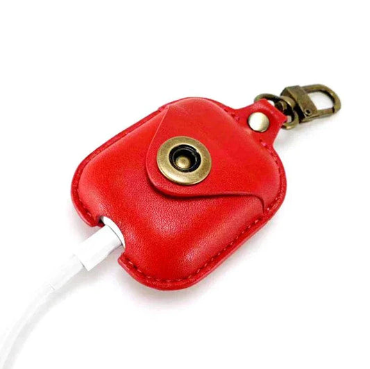 Red leather case for AirPods with keychain and button closure, shockproof Bluetooth cover.