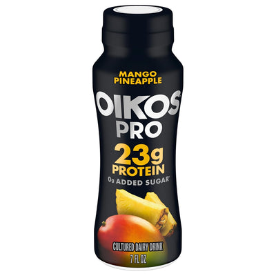 Oikos Pro Mango Pineapple cultured dairy drink in a 7 fl oz bottle, high protein, low sugar, with 23 grams of protein.