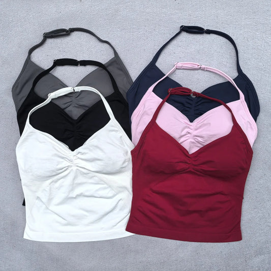 OLOEYER women's adjustable strappy backless gym top with scrunch detail, removable cups, perfect for yoga and workout outfits.