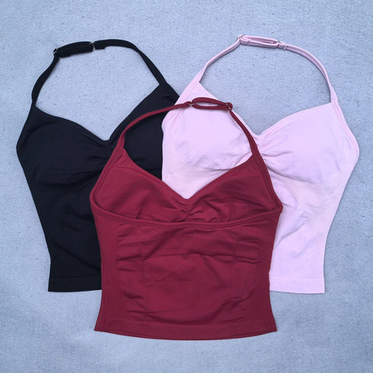 OLOEYER women's adjustable strappy backless gym top with scrunch detail, removable cups, yoga tank, and sports vest for workouts.