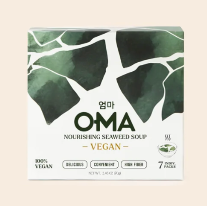 Box of OMA Natural Food Nourishing Seaweed Soup Vegan Broth with seaweed and vegetables, ready to prepare delicious vegan soup.