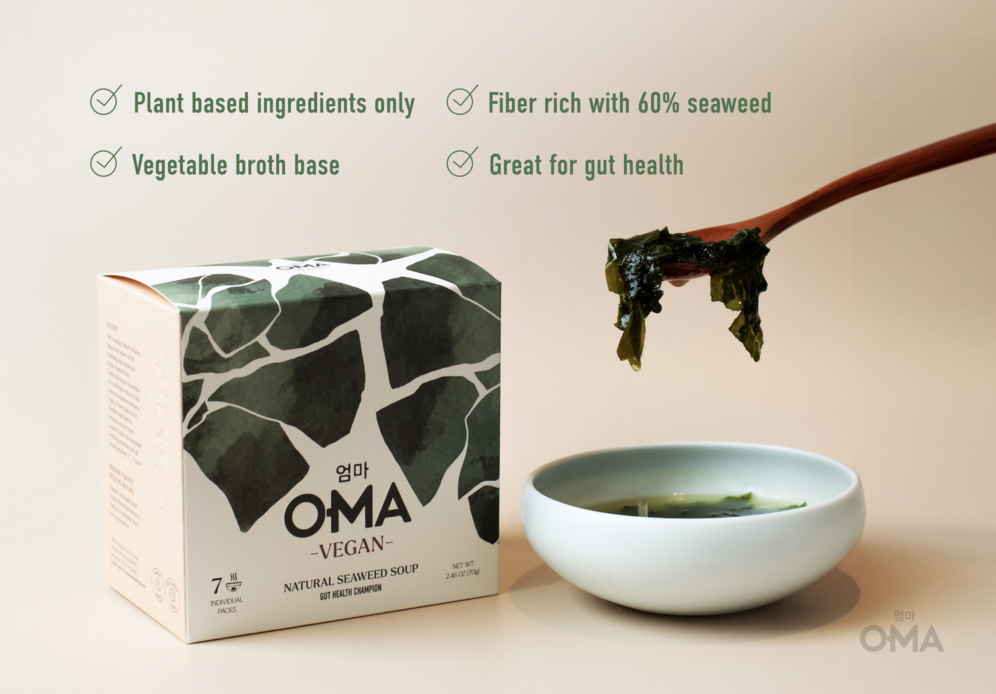 Box of OMA Natural Food Nourishing Seaweed Soup Vegan Broth, featuring seaweed and natural ingredients in a packaged product.