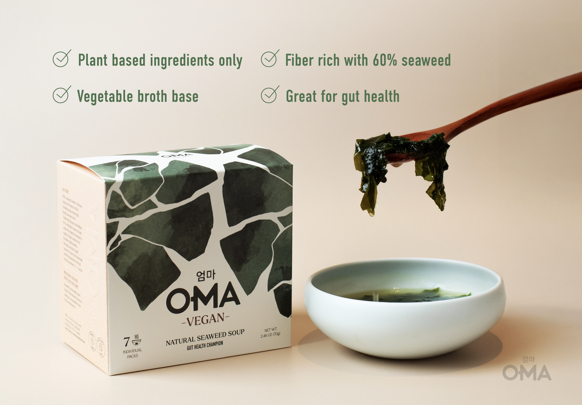 Box of OMA Natural Food Nourishing Seaweed Soup Vegan Broth, featuring seaweed and natural ingredients in a packaged product.