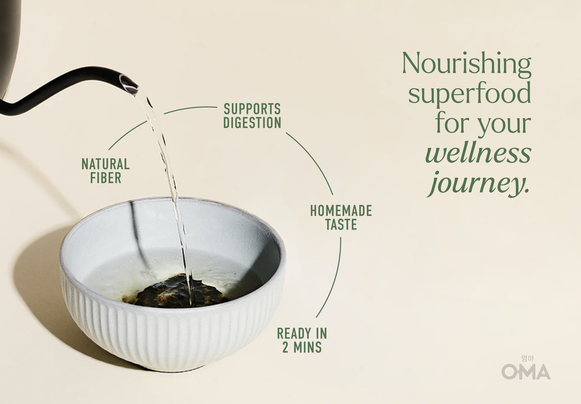 Box of OMA Natural Food nourishing seaweed soup vegan broth with a clear bowl of soup showing seaweed and vegetables inside