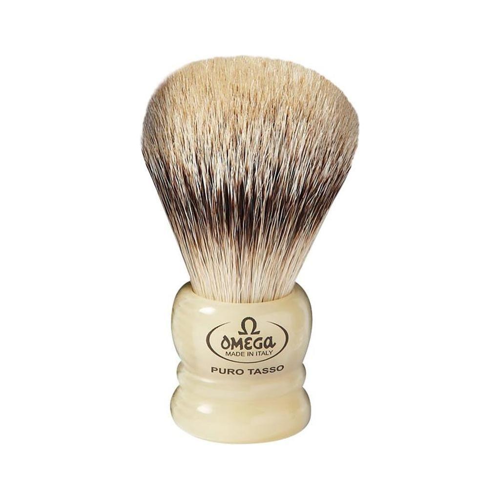 Omega 599 Silvertip Badger Shaving Brush with premium super badger hair, designed for a smooth shaving experience.