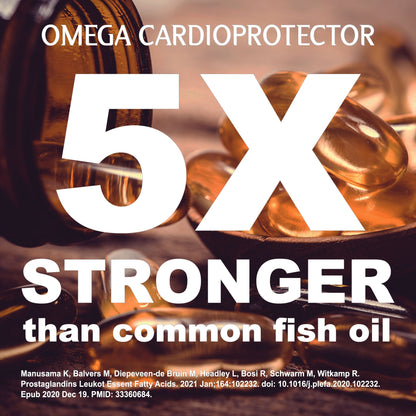 Omega Cardioprotector dietary supplement by Thrivous, featuring Omega-5X-Strong, with capsules and label visible in the image.