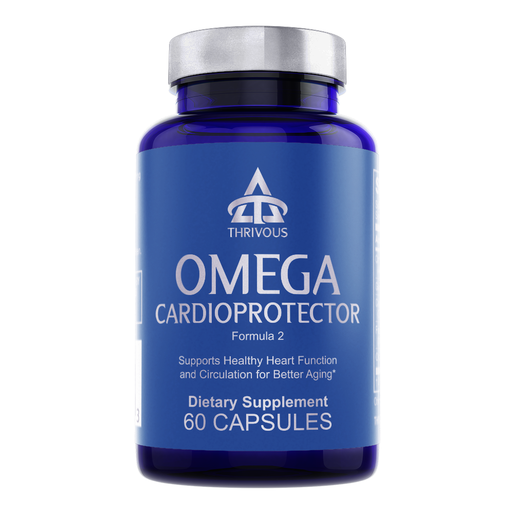 Omega Cardioprotector dietary supplement bottle by Thrivous with label and capsules visible.