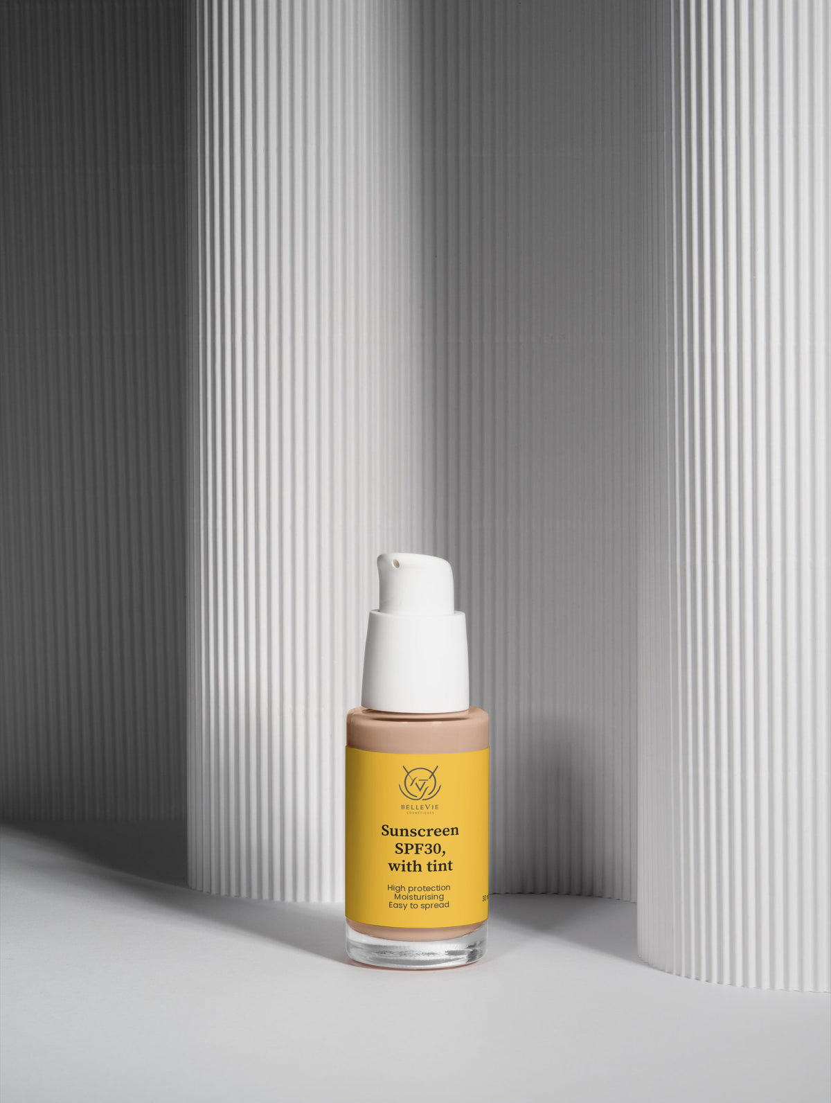 BelleVie Cosmétiques tinted mineral sunscreen SPF 30 with natural glow, shown in a tube suitable for daily UV protection.