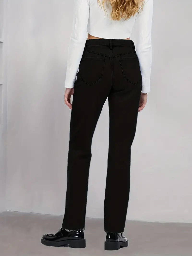 Black Raw Hem High Waist Straight Jeans for Women