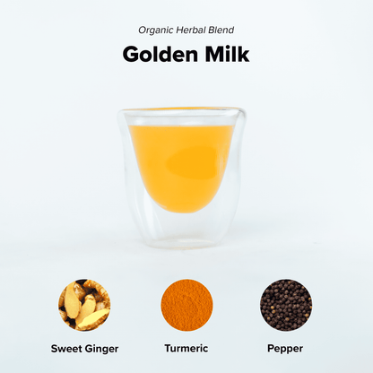 Organic Golden Milk blend by Nepal Tea, showing a warm turmeric and spice powder mix in a bowl on a rustic wooden surface.