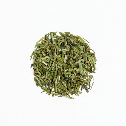 Organic Lemongrass blend from Nepal Tea, fresh green lemongrass stalks with fragrant leaves, ideal for herbal teas and cooking.