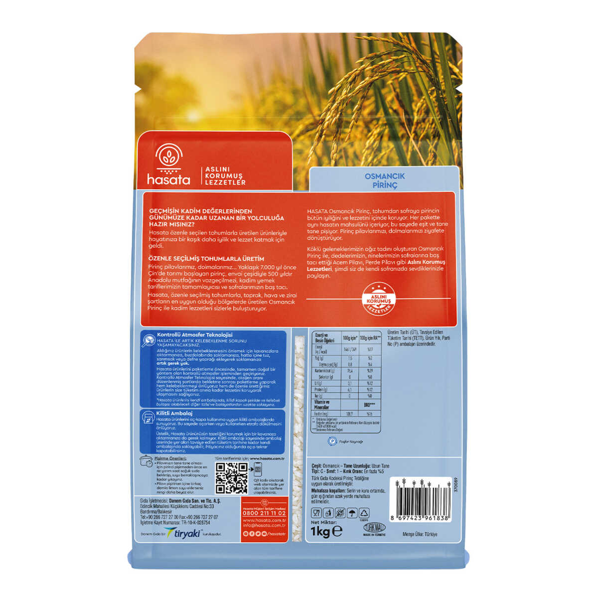 S101 Hasata Osmancik rice in 1kg bag, showing a close-up of the rice grains in a clear bag.