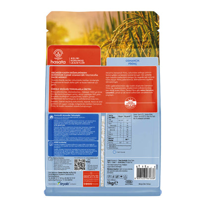 S101 Hasata Osmancik rice in 1kg bag, showing a close-up of the rice grains in a clear bag.
