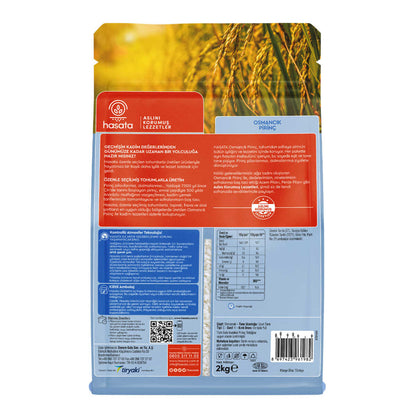 S101 Hasata Osmancik rice in a 2kg bag, showing white rice grains, suitable for cooking traditional dishes.