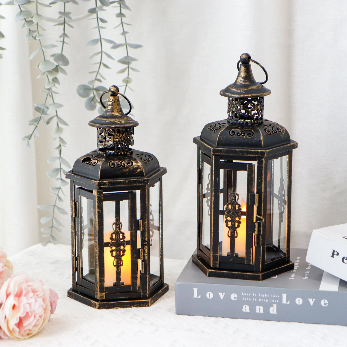 Set of two 10-inch vintage-style hanging lanterns by JHY DESIGN, decorative candle lanterns for outdoor or indoor use.