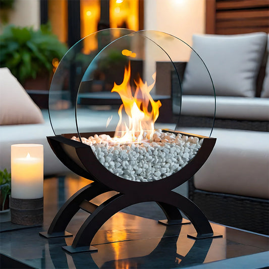 JHY DESIGN portable 48cm round tabletop fireplace with gel and ethanol fire features, ideal for outdoor settings.