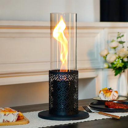 Outdoor tabletop gel and ethanol fireplace with spiral flame design by JHY DESIGN, 15.3 inches tall, ideal for outdoor ambiance.