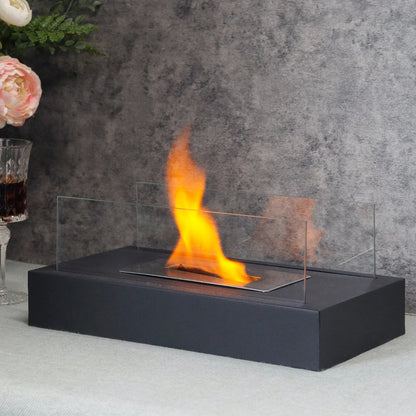 Square JHY DESIGN tabletop fire bowl with two-sided glass, gel and ethanol fireplace for outdoor use.
