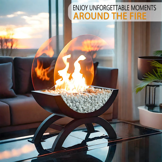 JHY DESIGN 48cm H portable round tabletop fireplace with gel and ethanol fire for outdoor use, stylish and compact design.