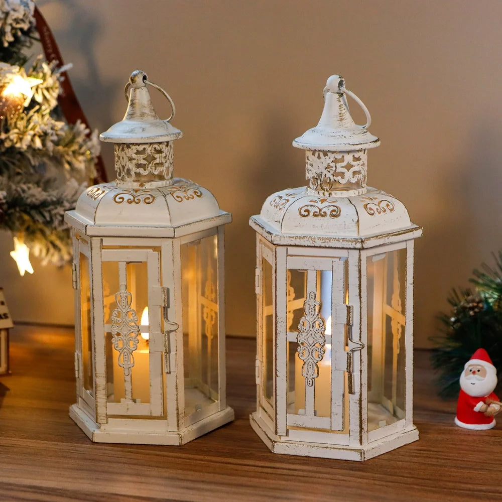 Pair of 10-inch vintage-style hanging decorative candle lanterns by JHY DESIGN, suitable for outdoor or indoor decor.