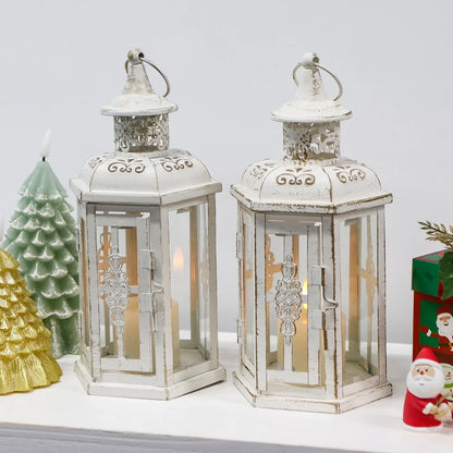 Set of two 10-inch vintage-style outdoor decorative candle lanterns by JHY DESIGN, featuring intricate metalwork and glass panels.