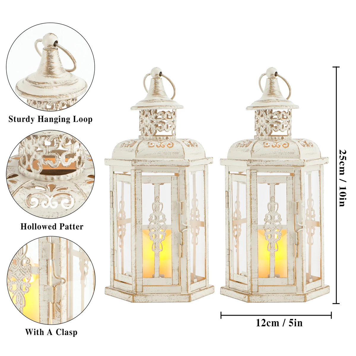 Pair of 10-inch vintage-style hanging lanterns by JHY DESIGN, decorative outdoor candle lanterns with metal and glass design.