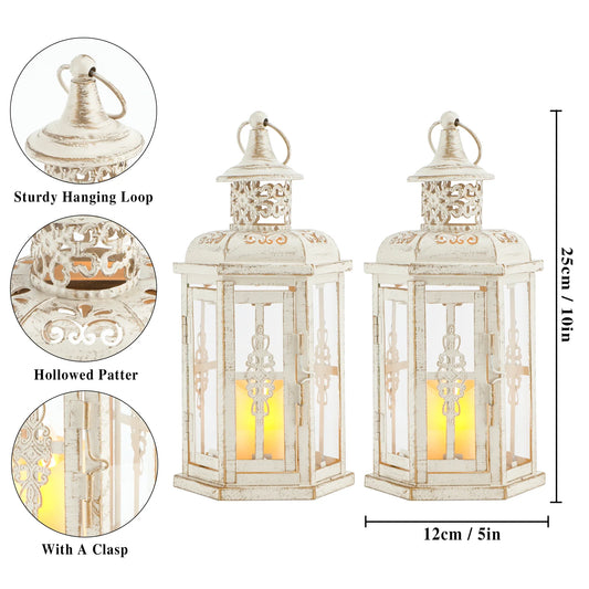 Pair of 10-inch vintage-style hanging lanterns by JHY DESIGN, decorative outdoor candle lanterns with metal and glass design.