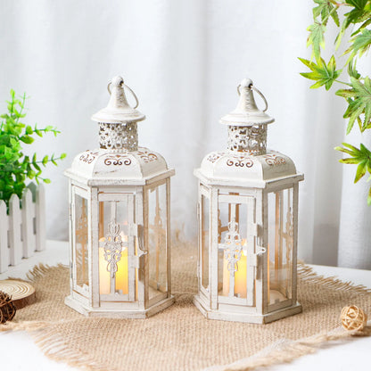 Set of two 10-inch vintage-style hanging lanterns by JHY DESIGN, decorative outdoor candle lanterns with rustic metal finish.