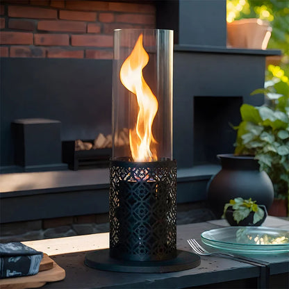 Outdoor tabletop gel and ethanol fireplace by JHY DESIGN with a 15.3-inch spiral flame design.