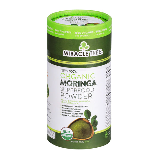 Organic Miracle Tree Moringa Powder in an 8oz canister, vibrant green superfood powder for healthy smoothies and recipes.