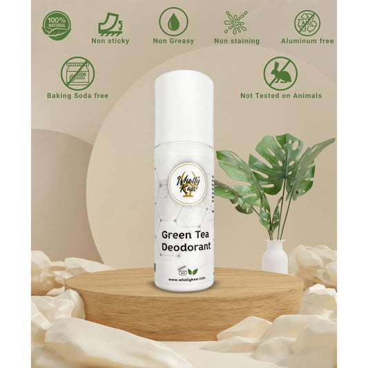 Wholly Kaw Green Tea Roll-On Deodorant in 90ml bottle, featuring a clear liquid formula designed for freshness and odor control.