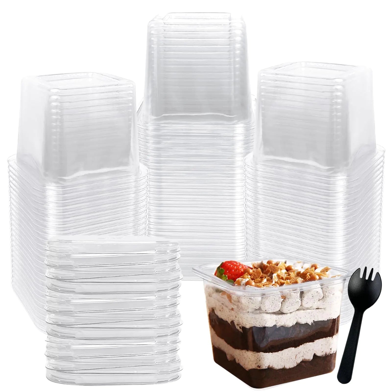 Rainmae 12 oz Disposable Plastic Dessert Cups with Lids Parfait Cups with Lids Fruit Cups with Lid Appetizer Cups Sporks Square Clear Cups for To Go Iced Coffee Bubble Boba Tea Milkshake 50-Pack