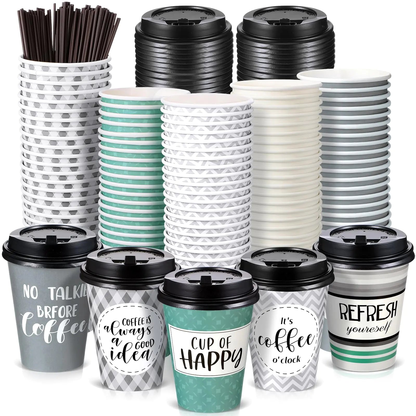 Gerrii 100 Pack Disposable Coffee Cups with Lids and Straws Motivational Paper Cups with 6 Quotes and Designs Disposable Hot Cups for Water Juice Coffee Tea Home Shop Cafe (Modern Style12 oz)
