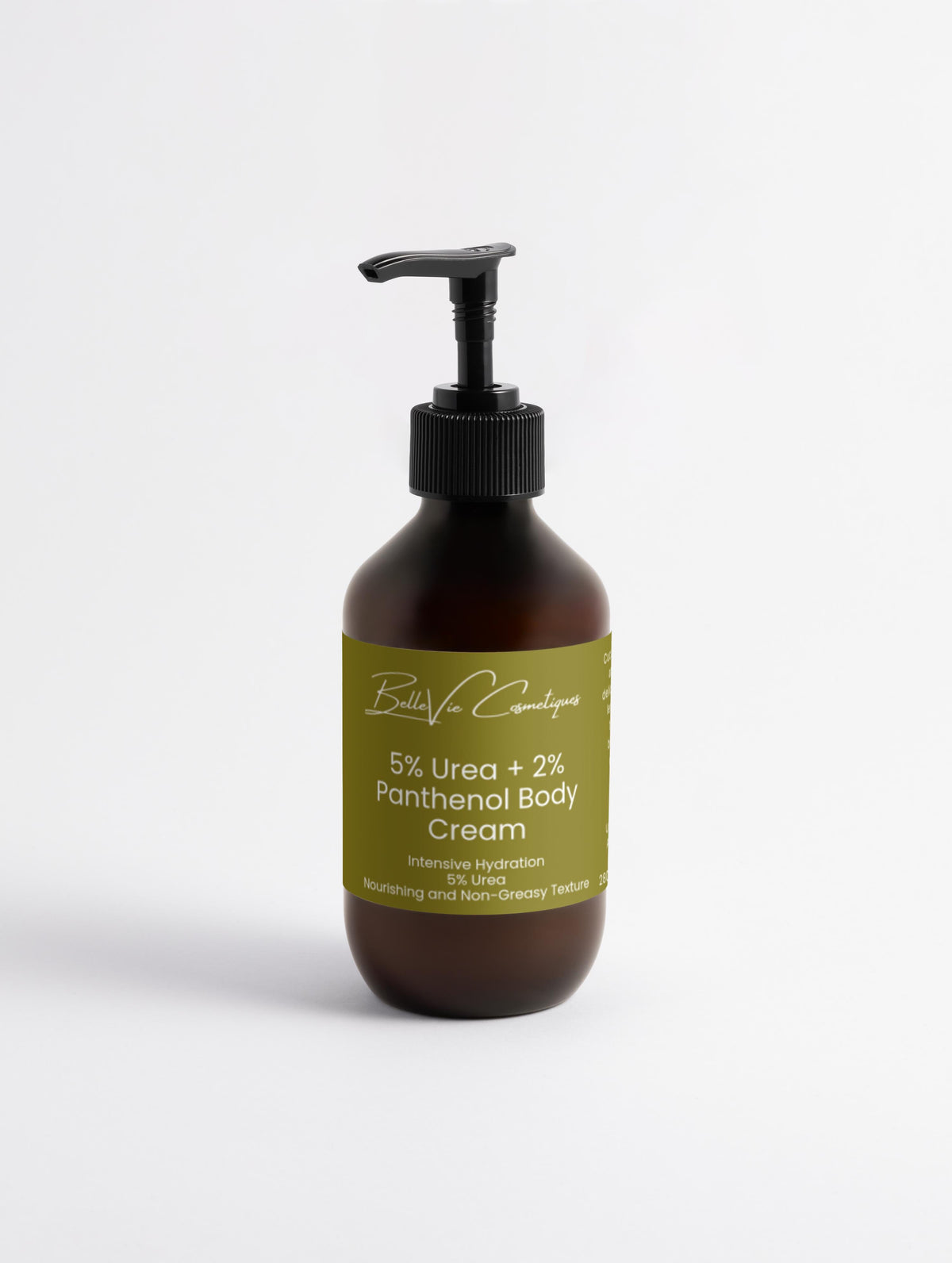 Belleviecosmetic 5% Urea and 2% Panthenol body cream for intensive hydration and skin barrier repair in a 280ml jar.