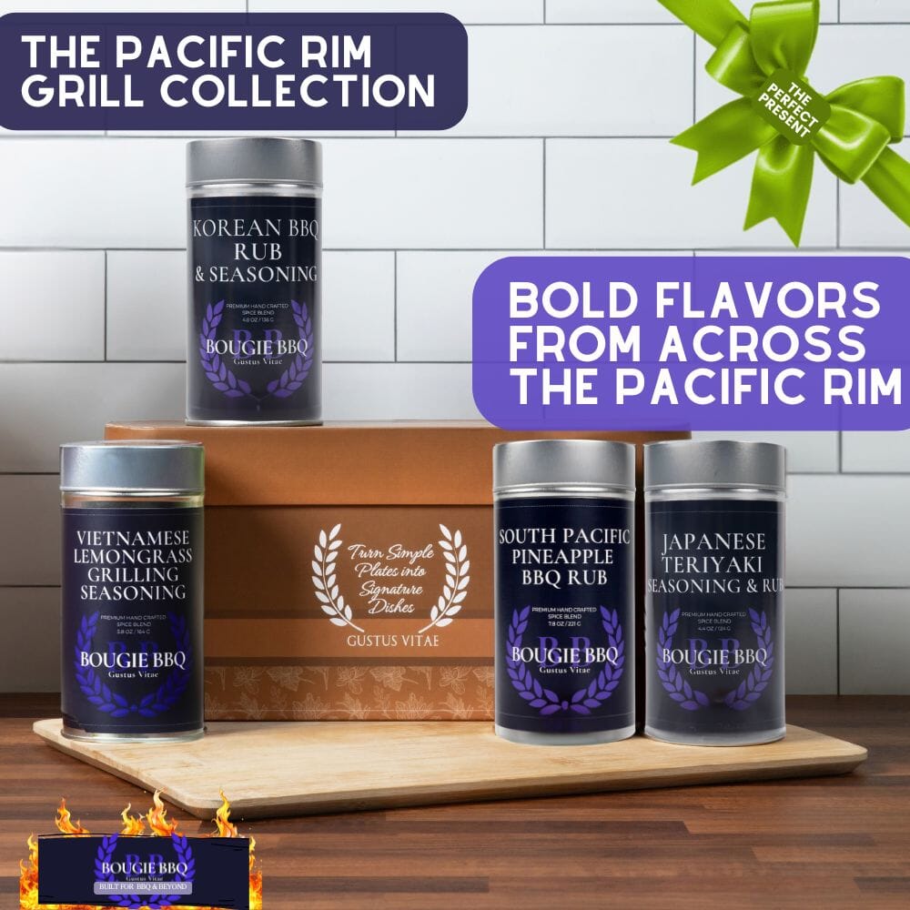Pacific Rim Asian BBQ rubs and grilling seasonings gift set by Gustus Vitae featuring four flavorful spice collections for grilling.