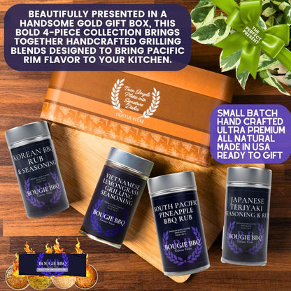 Gustus Vitae Pacific Rim Asian BBQ rubs and grilling seasonings gift set of 4, featuring diverse flavors for grilling and seasoning.