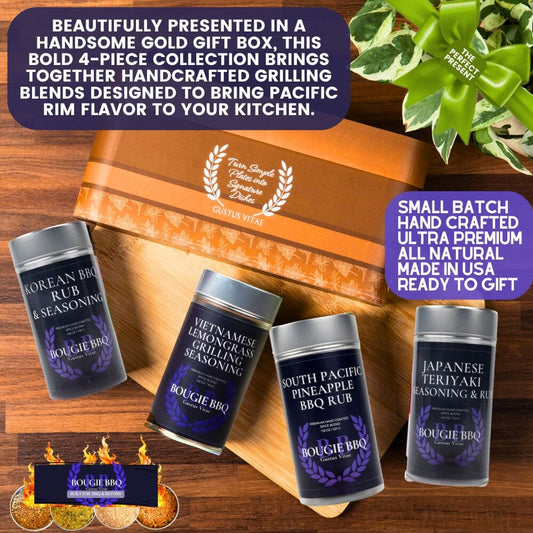 Gustus Vitae Pacific Rim Asian BBQ rubs and grilling seasonings gift set of 4, featuring diverse flavors for grilling and seasoning.