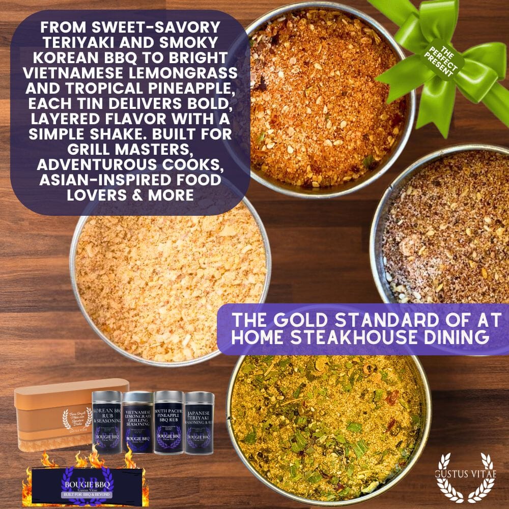 Gustus Vitae Pacific Rim Asian BBQ rubs and grilling seasonings gift set with four flavorful spice blends on a wooden surface.