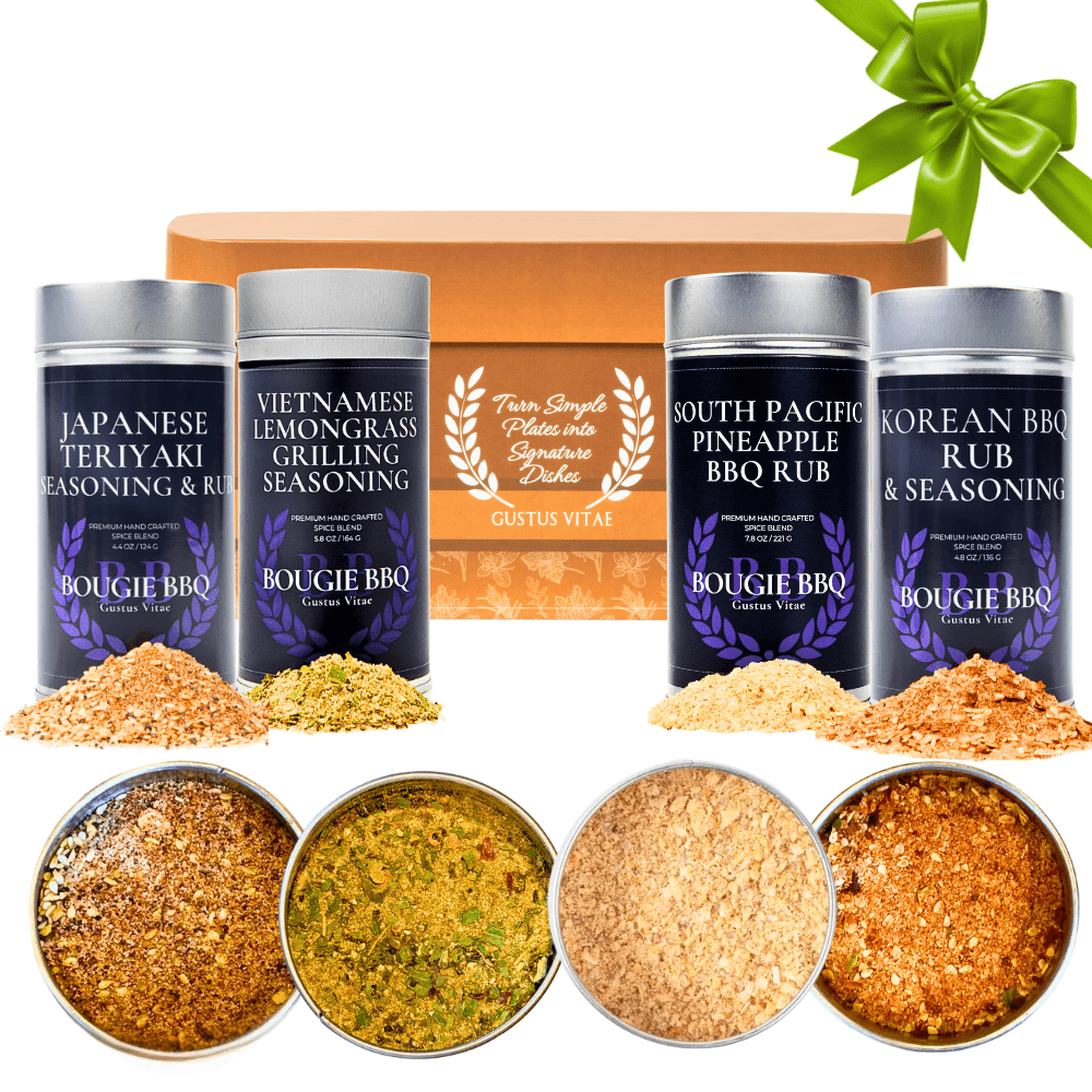 Gustus Vitae Pacific Rim Asian BBQ rub gift set with four grilling seasonings in colorful containers, ideal for barbecue enthusiasts.