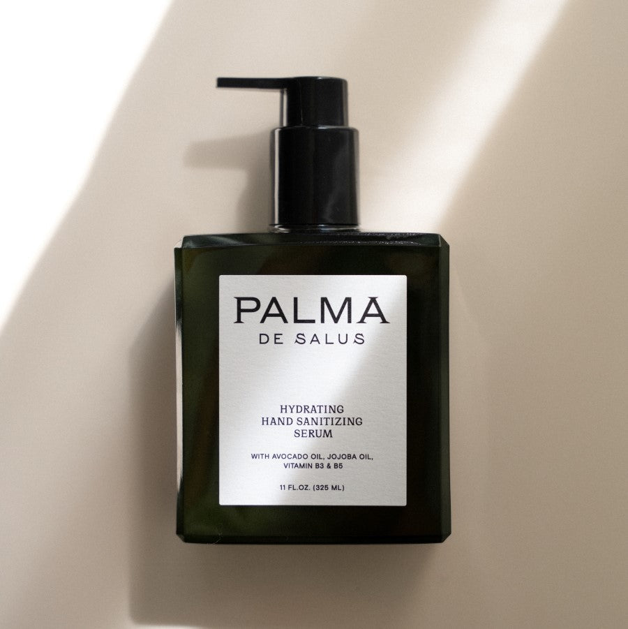 Palma de Salus hydrating hand sanitizing serum in an 11oz bottle, moisturizing hand serum for clean, soft hands.