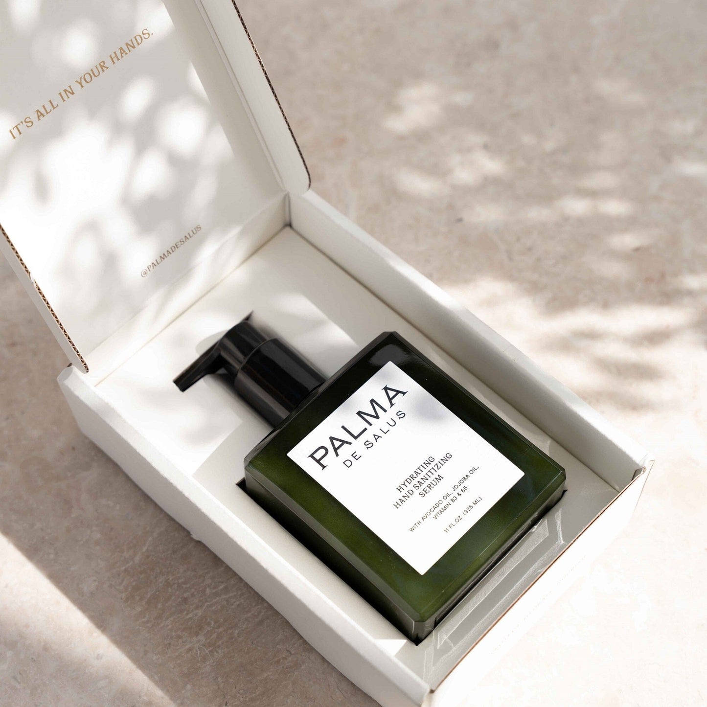 Palma de Salus hydrating hand sanitizer serum in 11oz bottle, moisturizing hand serum with sanitizing properties.