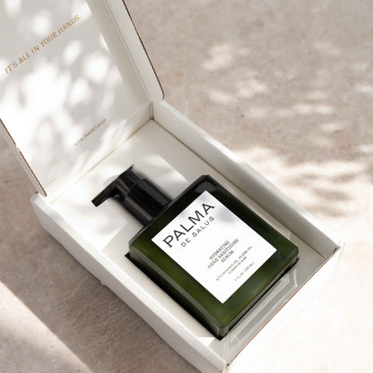Palma de Salus hydrating hand sanitizer serum in 11oz bottle, moisturizing hand serum with sanitizing properties.